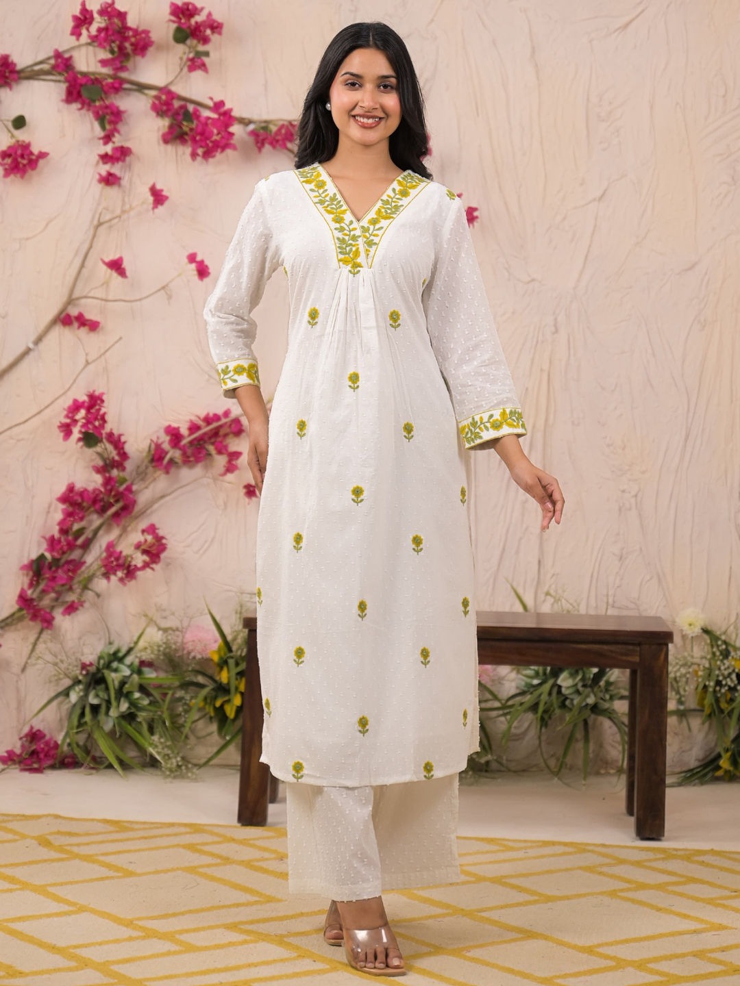 Saroya Premium Stitched 2 Piece Suit – White Dobby Fabric with Yellow Floral Embroidery