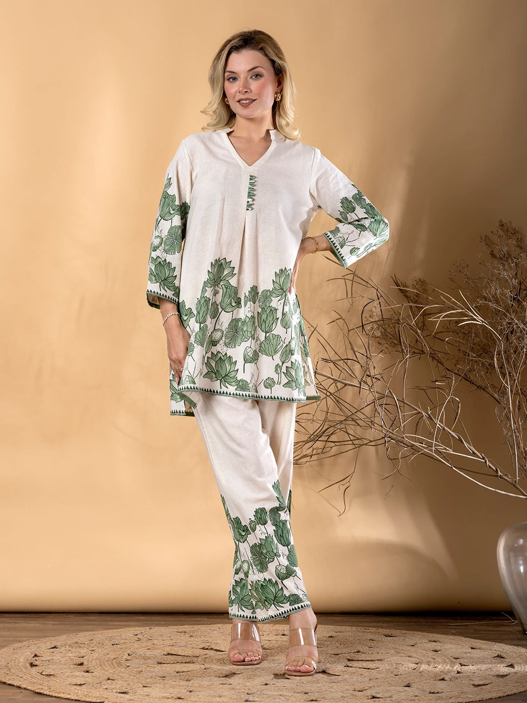 Saroya Premium Stitched 2 Piece Suit – Ivory Lotus Print with Green Botanical Accents