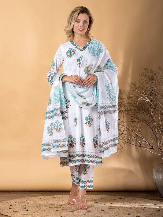 Saroya Premium Stitched 3 Piece Suit – White & Teal Floral Printed Lawn with Dupatta
