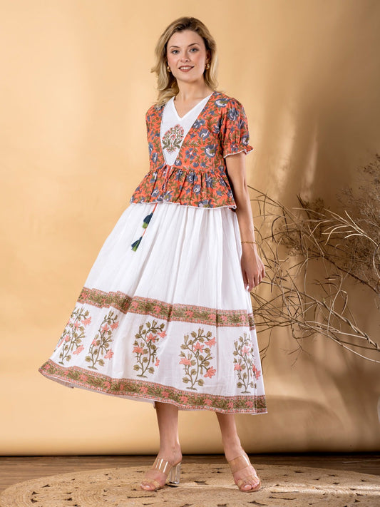 Saroya Designer White Flared Midi Dress – Floral Printed Peplum Bodice