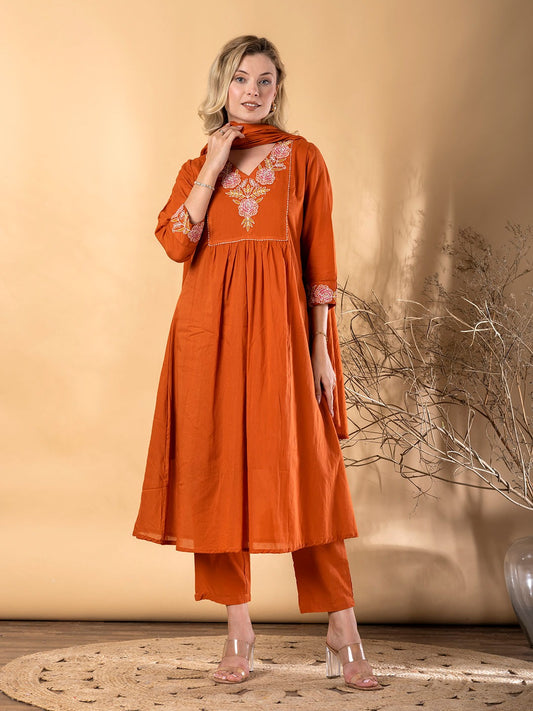 Saroya Rust Embroidered 3 Piece Suit – Elegant Flared Kurta Set