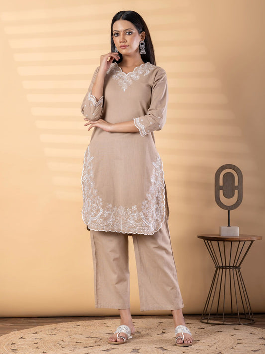 Saroya Taupe Embroidered 2 Piece Suit – Elegant Minimal Classic Wear