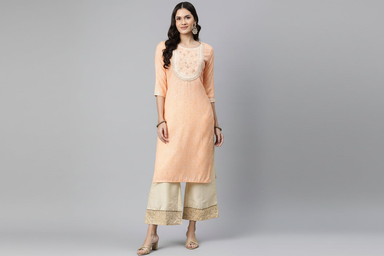 Saroya Premium Stitched 2 Piece Suit – Peach Pastel Embroidered Kurta with Cream Palazzo