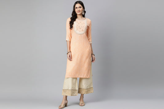 Saroya Premium Stitched 2 Piece Suit – Peach Pastel Embroidered Kurta with Cream Palazzo