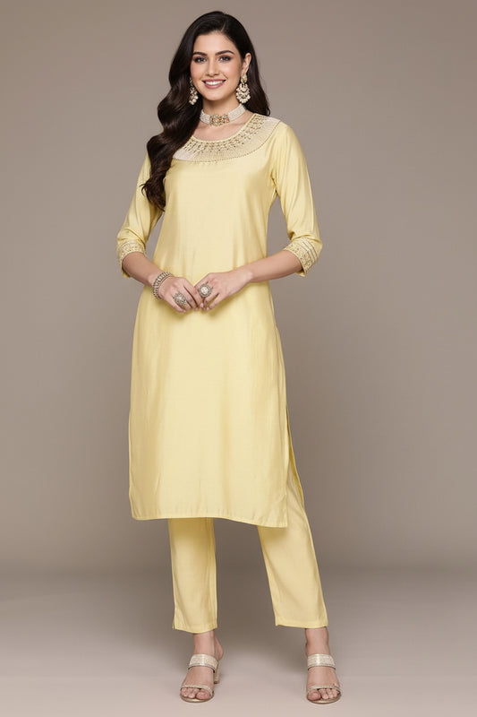 Saroya Premium Stitched 2 Piece Suit – Soft Lemon Yellow Kurta with Embellished Neckline