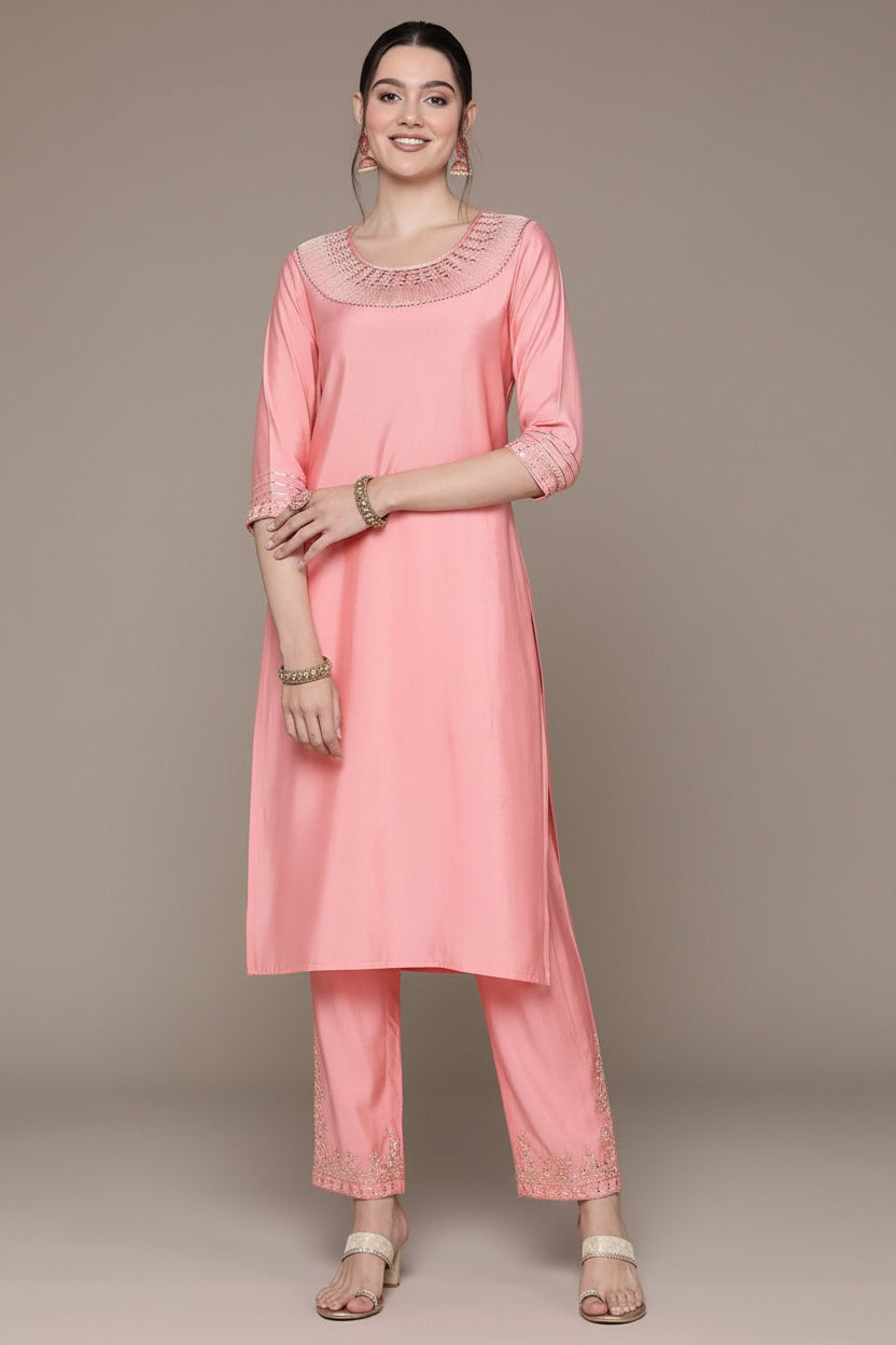 Saroya Premium Stitched 2 Piece Suit – Blush Pink Kurta with Embellished Neckline