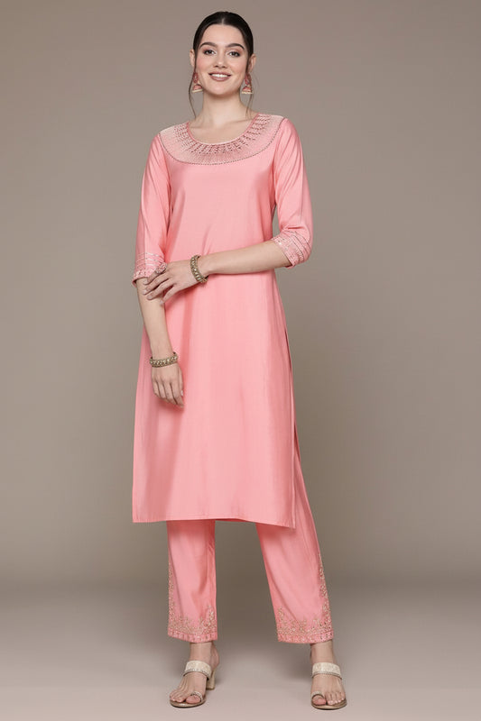 Saroya Premium Stitched 2 Piece Suit – Blush Pink Kurta with Embellished Neckline
