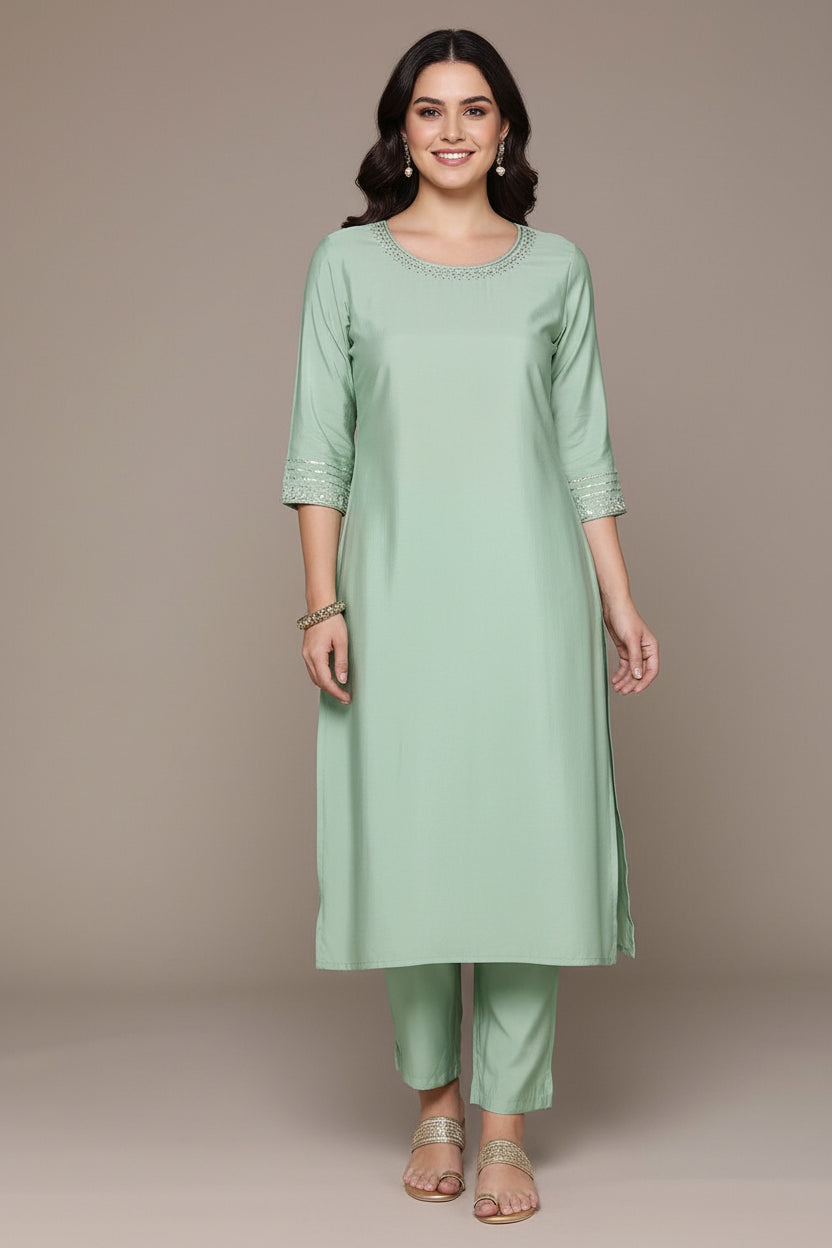 Saroya Premium Stitched 2 Piece Suit – Soft Mint Green Kurta with Embellished Neckline