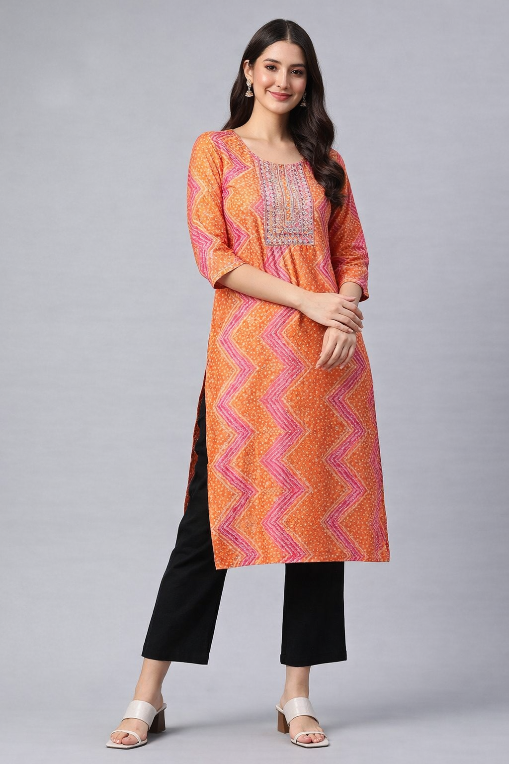 Saroya Printed Stitched Kurta – Sunset Orange with Pink Chevron Detailing