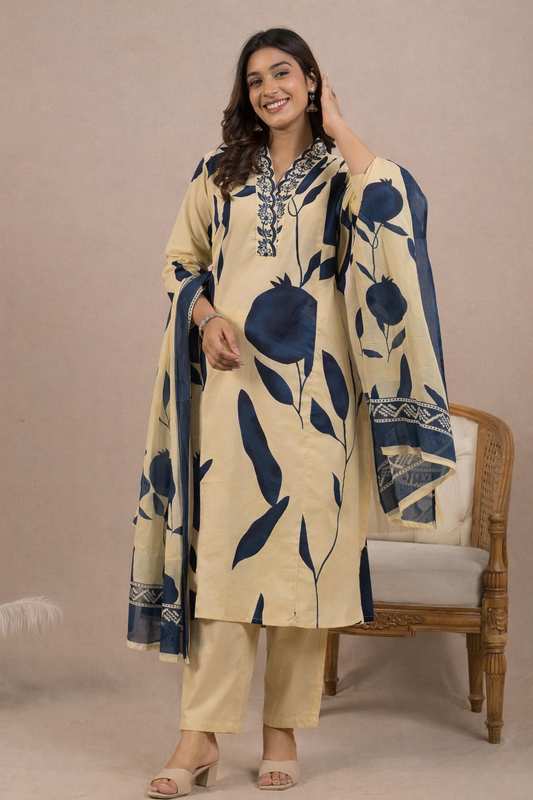 Saroya Premium Stitched 3 Piece Suit – Beige Kurta with Navy Blue Floral Print, Trouser & Dupatta