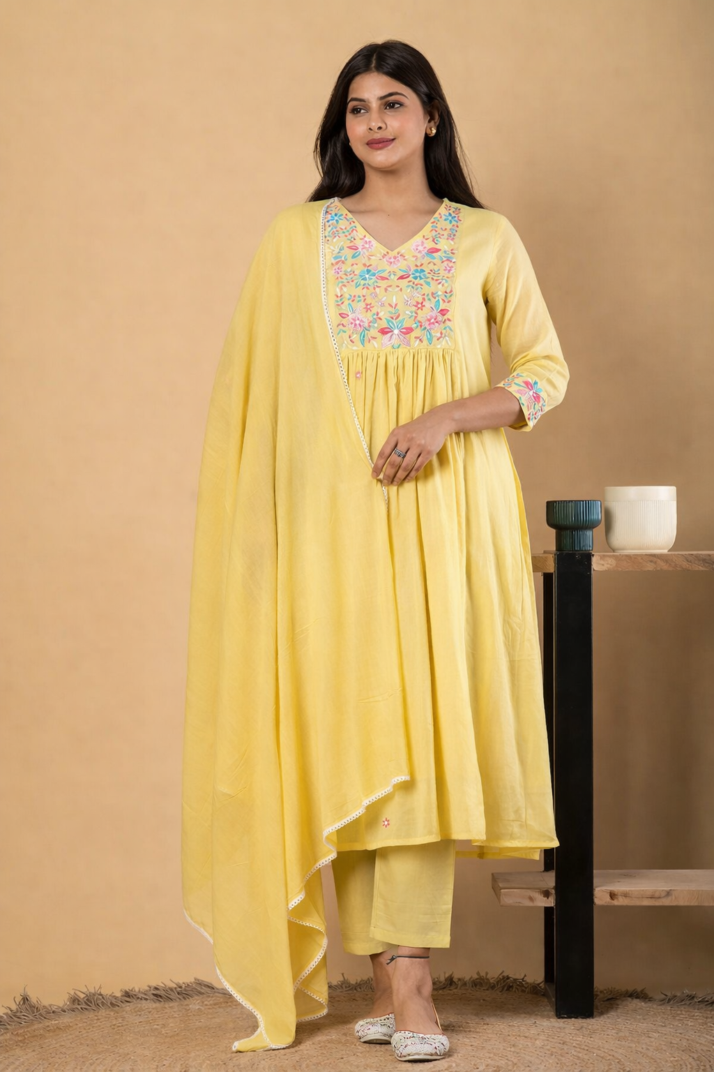 Saroya Premium Stitched 3 Piece Suit – Pastel Yellow Embroidered Kurta with Trouser & Dupatta