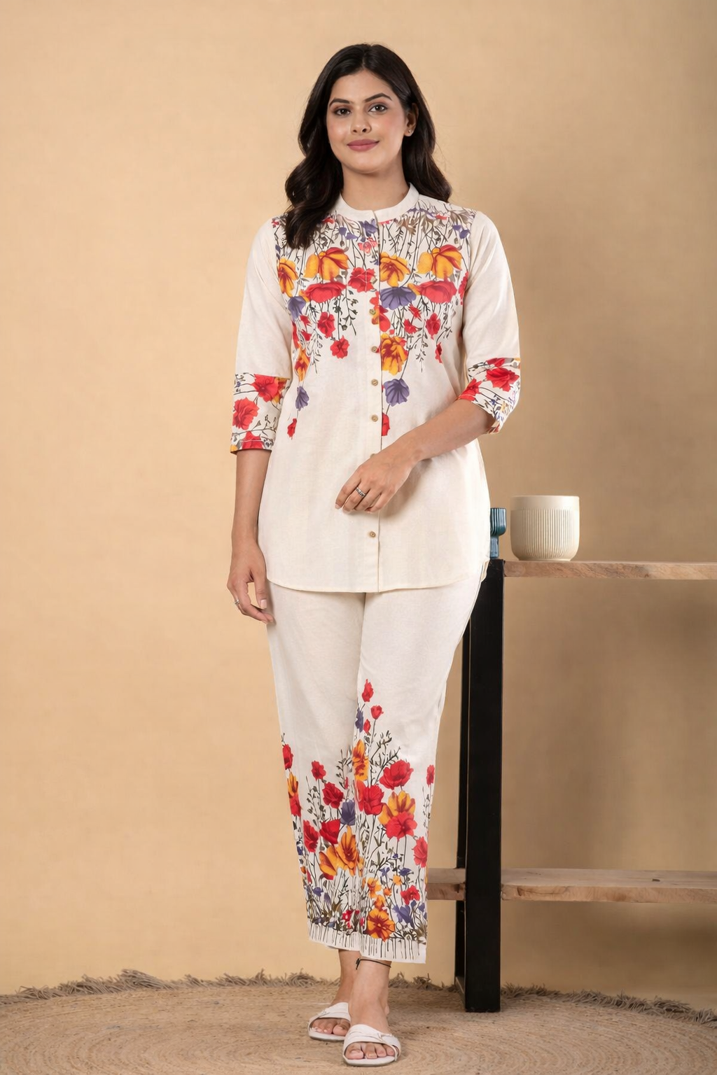 Saroya Premium Stitched 2 Piece Suit – Ivory Floral Printed Kurta & Trouser Set