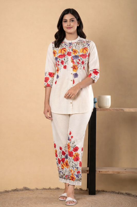 Saroya Premium Stitched 2 Piece Suit – Ivory Floral Printed Kurta & Trouser Set