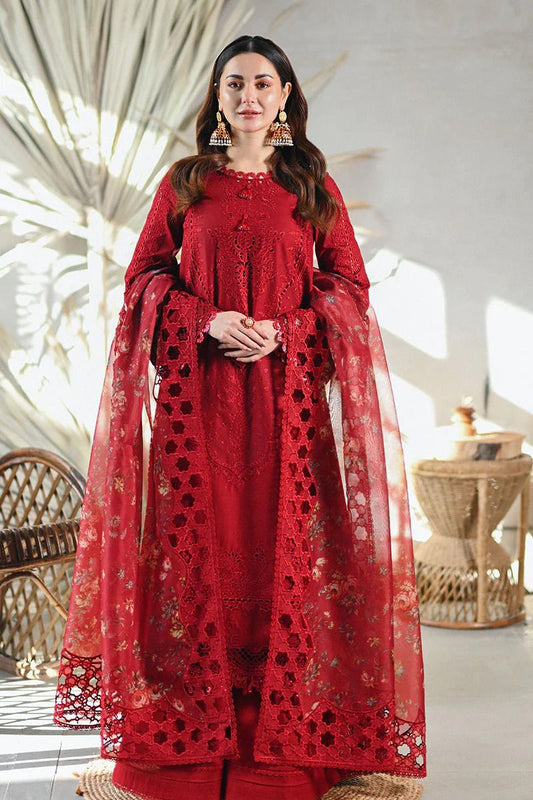 Saroya Luxury Lawn Stitched 3 Piece Suit – Deep Red