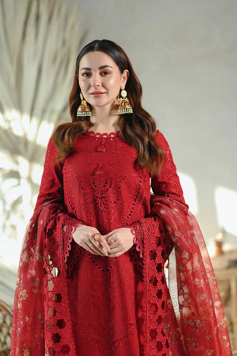 Saroya Luxury Lawn Stitched 3 Piece Suit – Deep Red