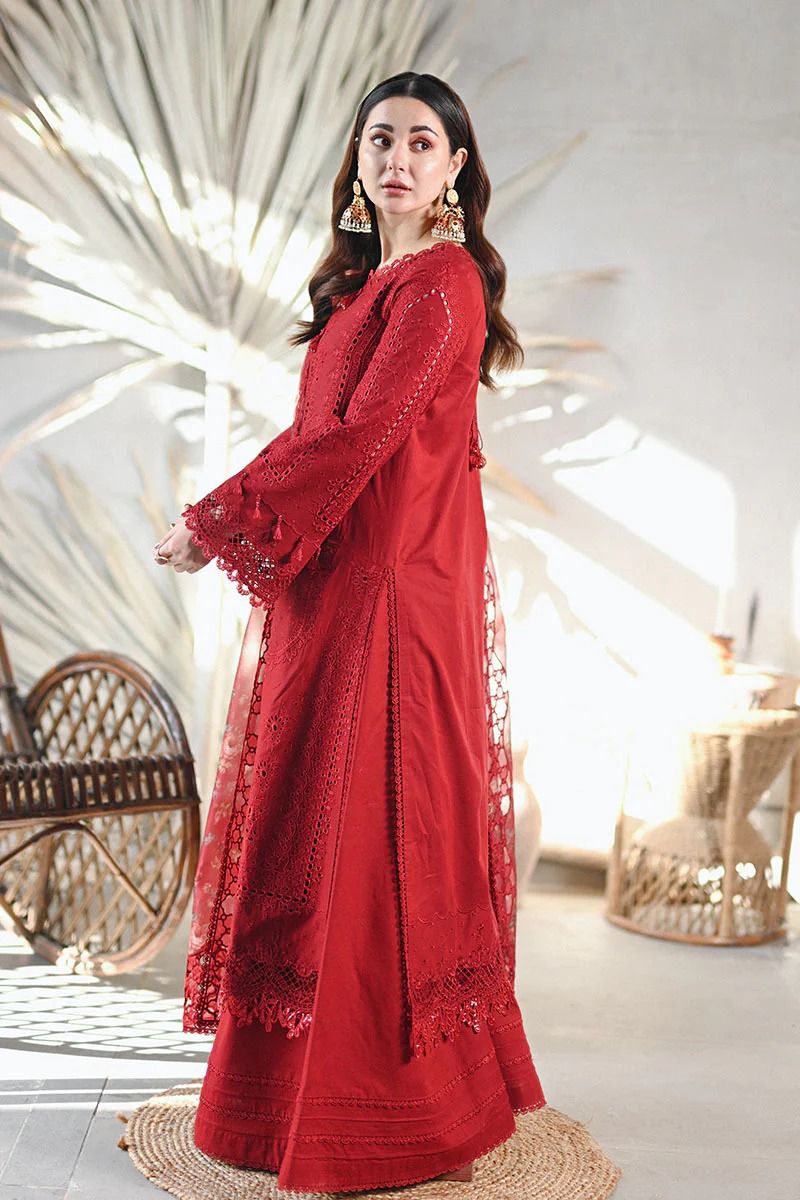Saroya Luxury Lawn Stitched 3 Piece Suit – Deep Red