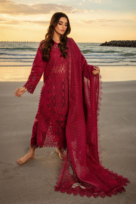 Saroya Luxury Lawn Stitched 3 Piece Suit – Maroon