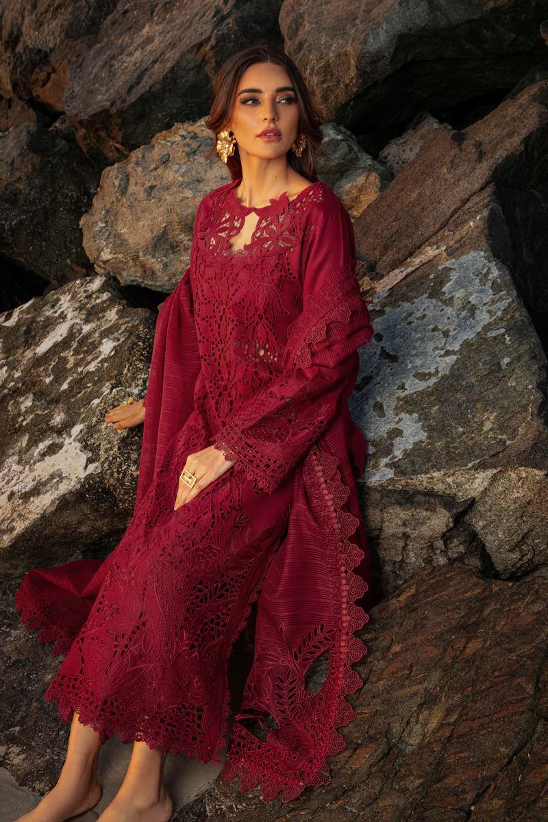 Saroya Luxury Lawn Stitched 3 Piece Suit – Maroon