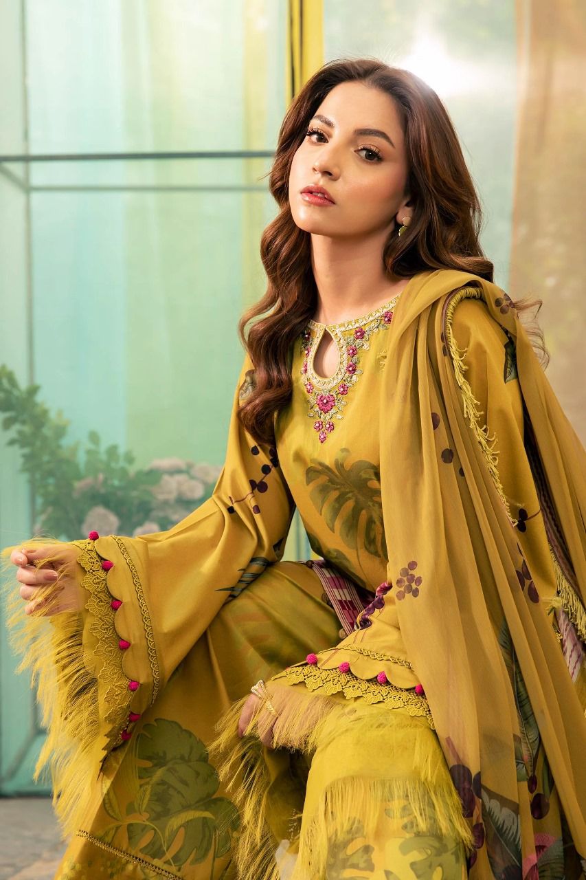 Saroya Luxury Lawn Stitched 3 Piece Suit – Mustard Yellow Floral Printed