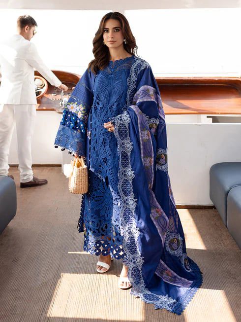 Saroya Luxury Lawn Stitched 3 Piece Suit – Royal Blue