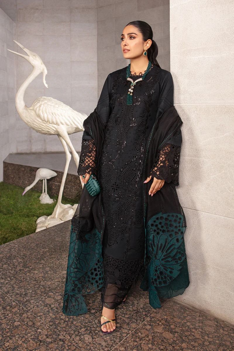 Saroya Luxury Lawn Stitched 3 Piece Suit – Black with Green Accents