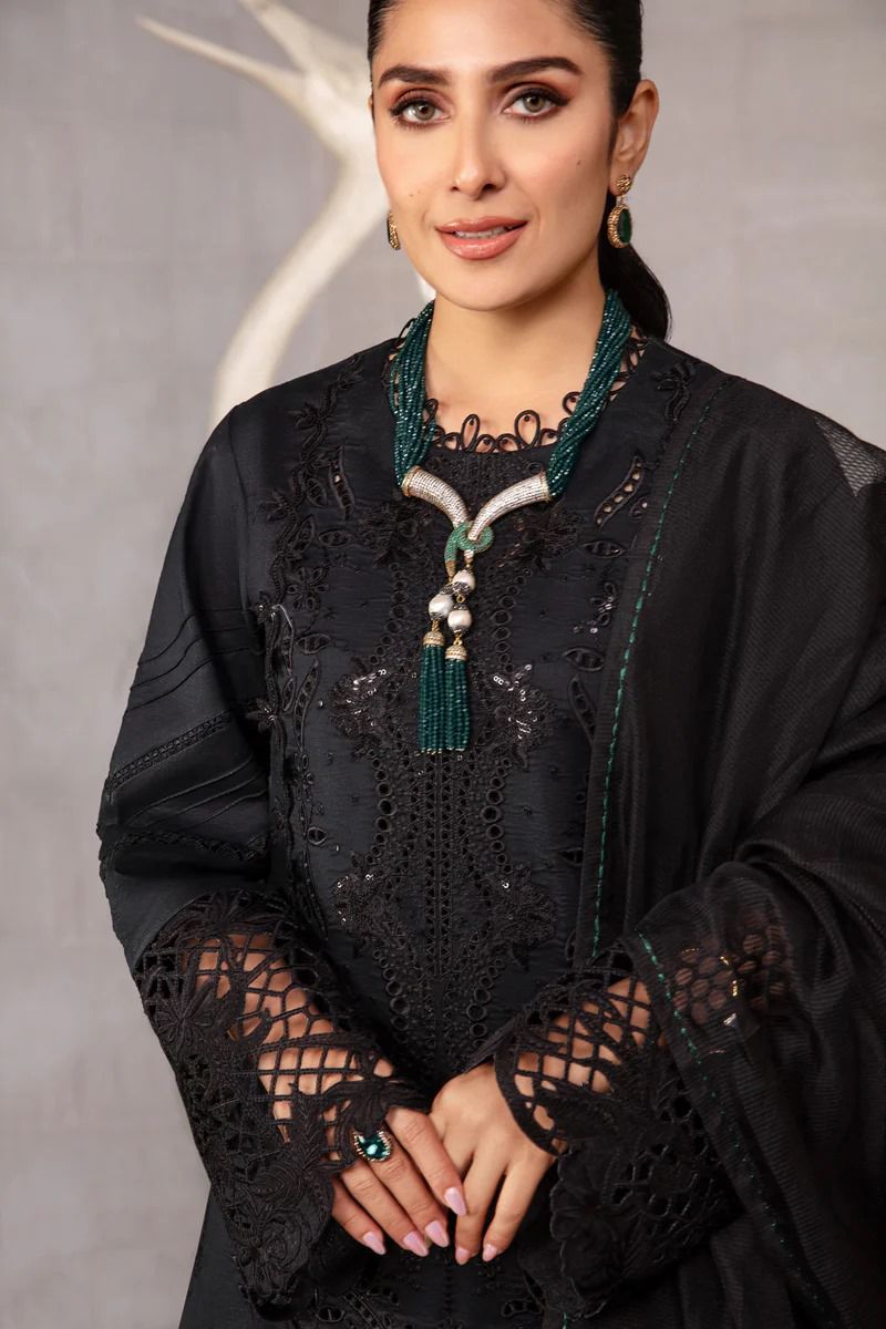 Saroya Luxury Lawn Stitched 3 Piece Suit – Black with Green Accents