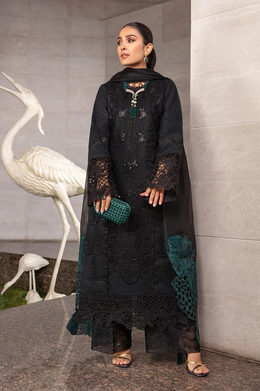 Saroya Luxury Lawn Stitched 3 Piece Suit – Black with Green Accents