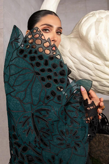 Saroya Luxury Lawn Stitched 3 Piece Suit – Black with Green Accents