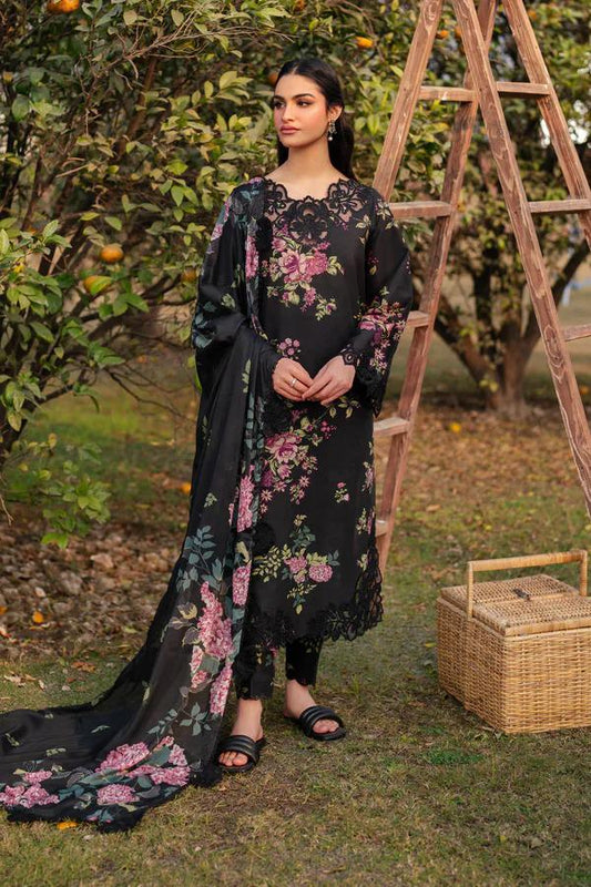 Saroya Luxury Lawn Stitched 3 Piece Suit – Black with Pink Floral Design
