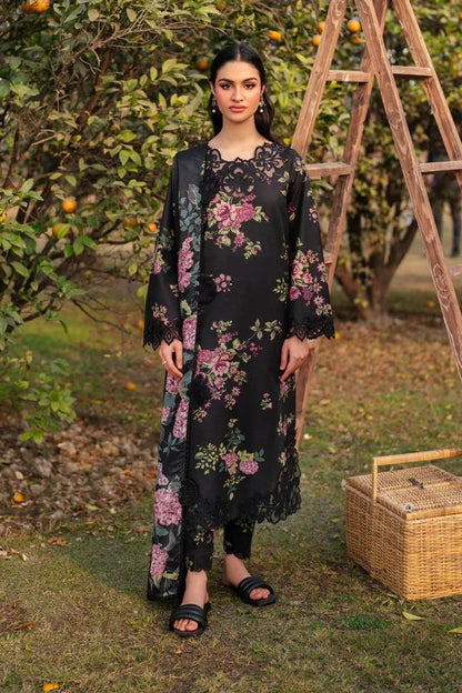 Saroya Luxury Lawn Stitched 3 Piece Suit – Black with Pink Floral Design