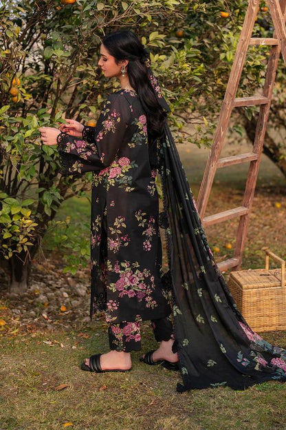 Saroya Luxury Lawn Stitched 3 Piece Suit – Black with Pink Floral Design