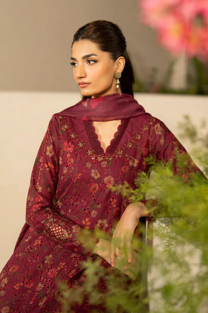 Saroya Luxury Lawn Stitched 3 Piece Suit – Maroon Floral A-Line