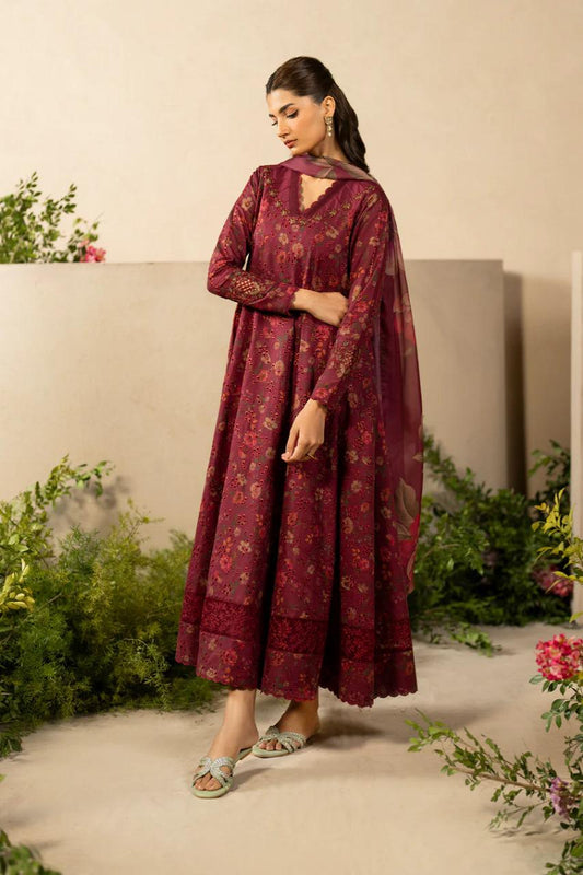 Saroya Luxury Lawn Stitched 3 Piece Suit – Maroon Floral A-Line
