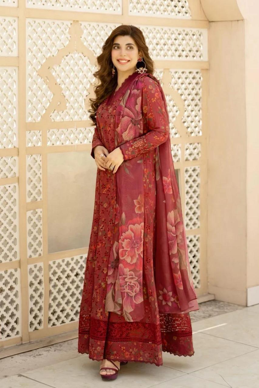Saroya Luxury Lawn Stitched 3 Piece Suit – Maroon Floral A-Line