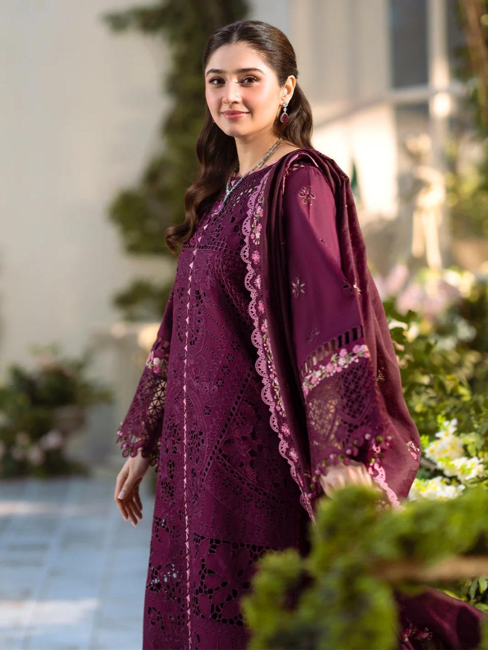 Saroya Luxury Lawn Stitched 3 Piece Suit – Plum Purple