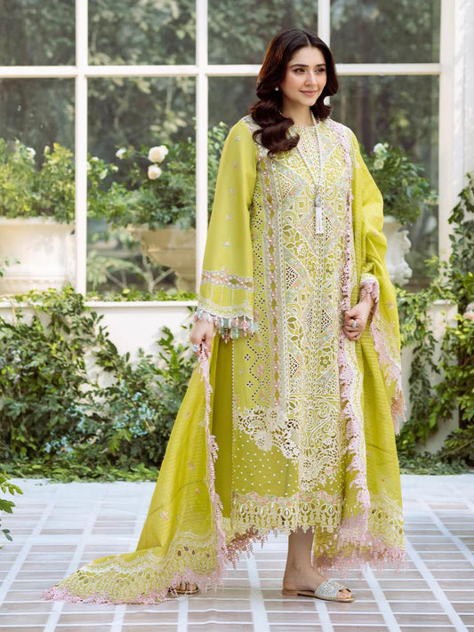 Saroya Luxury Lawn Stitched 3 Piece Suit – Lime Green with Pink Lace Borders