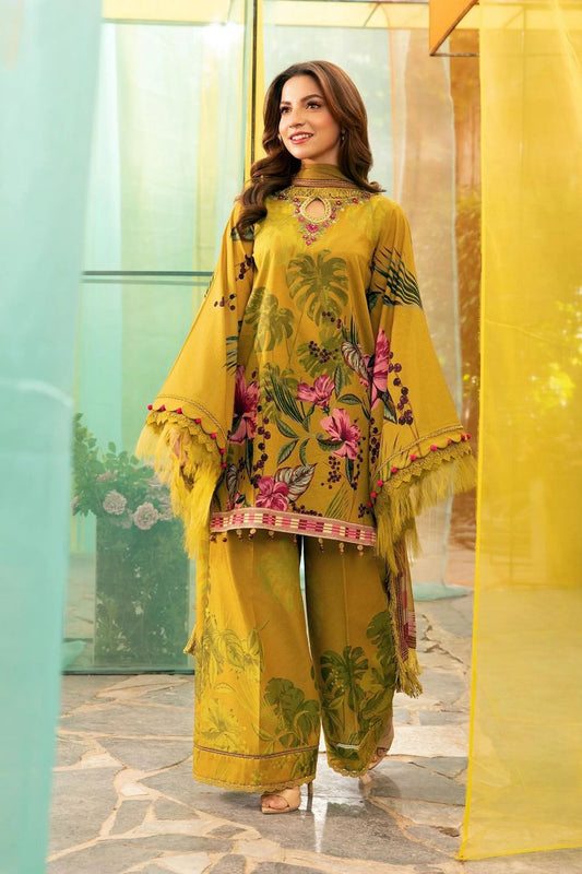 Saroya Luxury Lawn Stitched 3 Piece Suit – Mustard Yellow Floral Printed