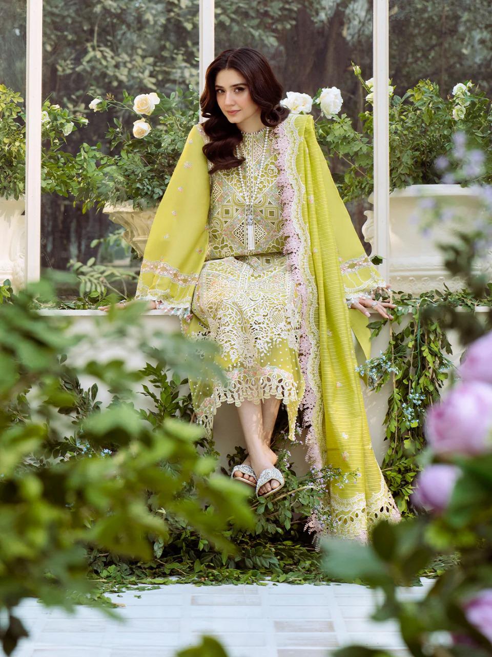 Saroya Luxury Lawn Stitched 3 Piece Suit – Lime Green with Pink Lace Borders