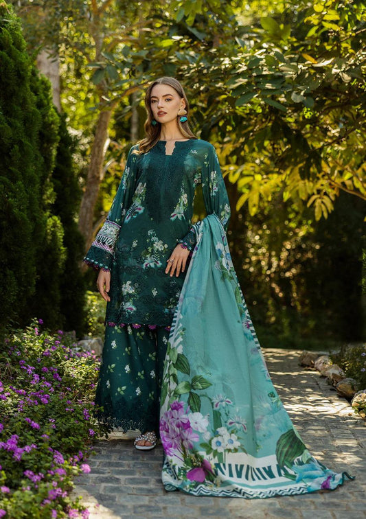 Saroya Luxury Lawn Stitched 3 Piece Suit – Deep Green Floral