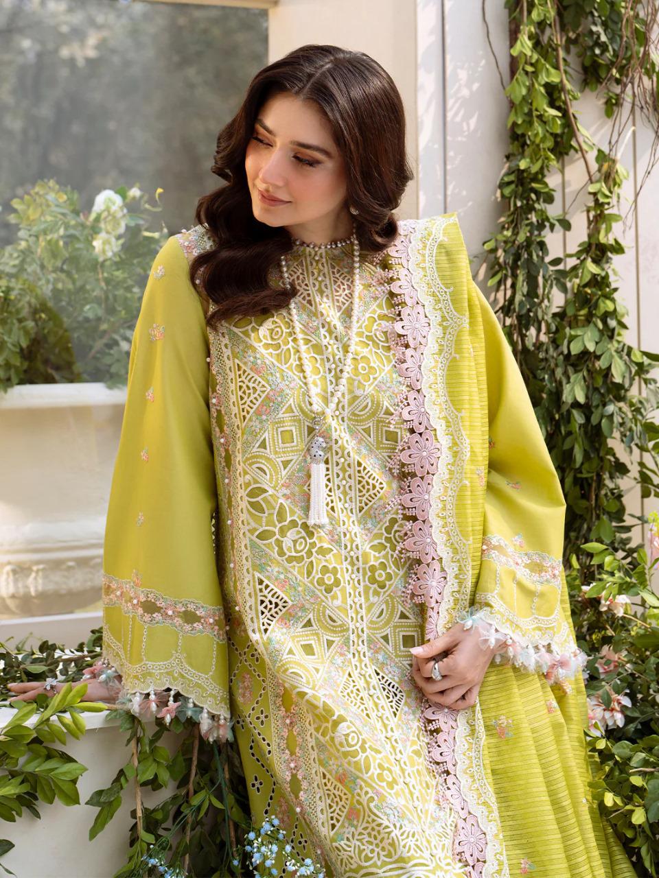 Saroya Luxury Lawn Stitched 3 Piece Suit – Lime Green with Pink Lace Borders