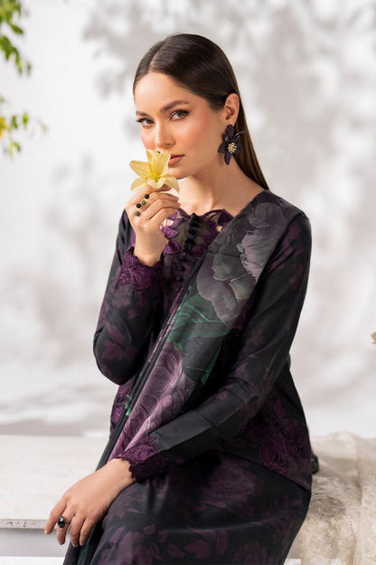 Saroya Luxury Lawn Stitched 3 Piece Suit – Black & Plum Floral Design