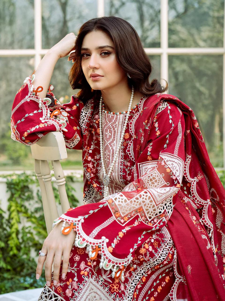 Saroya Luxury Lawn Stitched 3 Piece Suit – Red Geometric & Floral