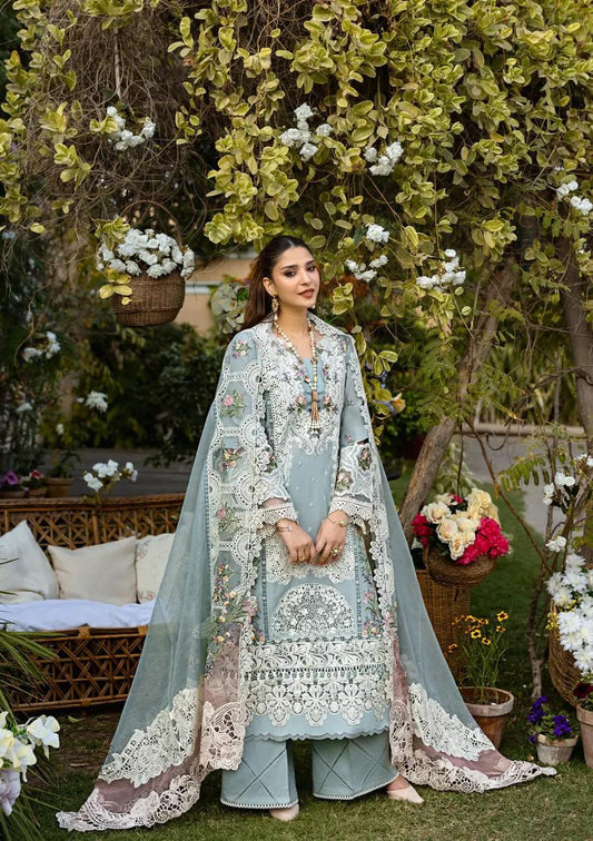 Saroya Luxury Lawn Stitched 3 Piece Suit – Pastel Blue Floral Design