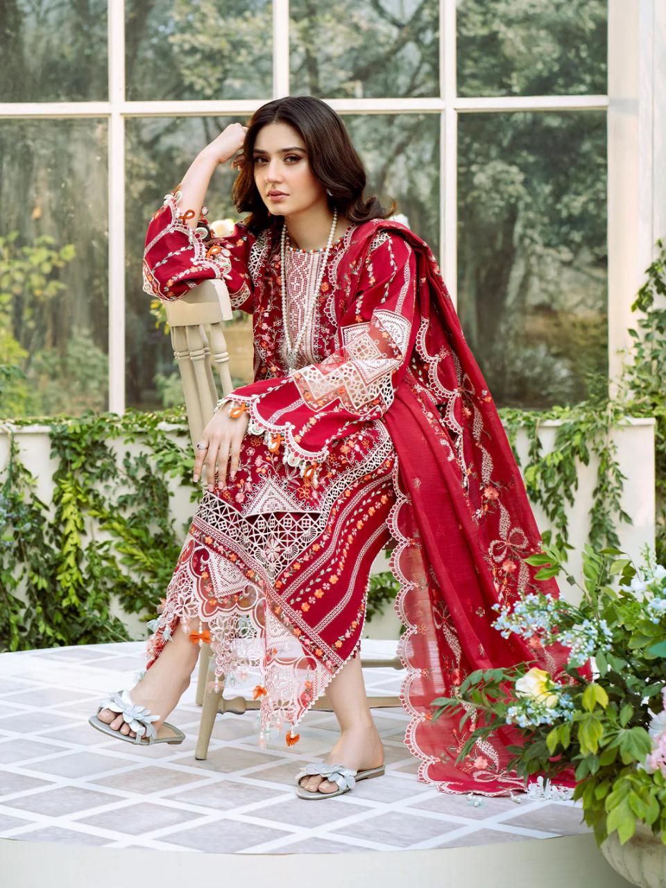 Saroya Luxury Lawn Stitched 3 Piece Suit – Red Geometric & Floral