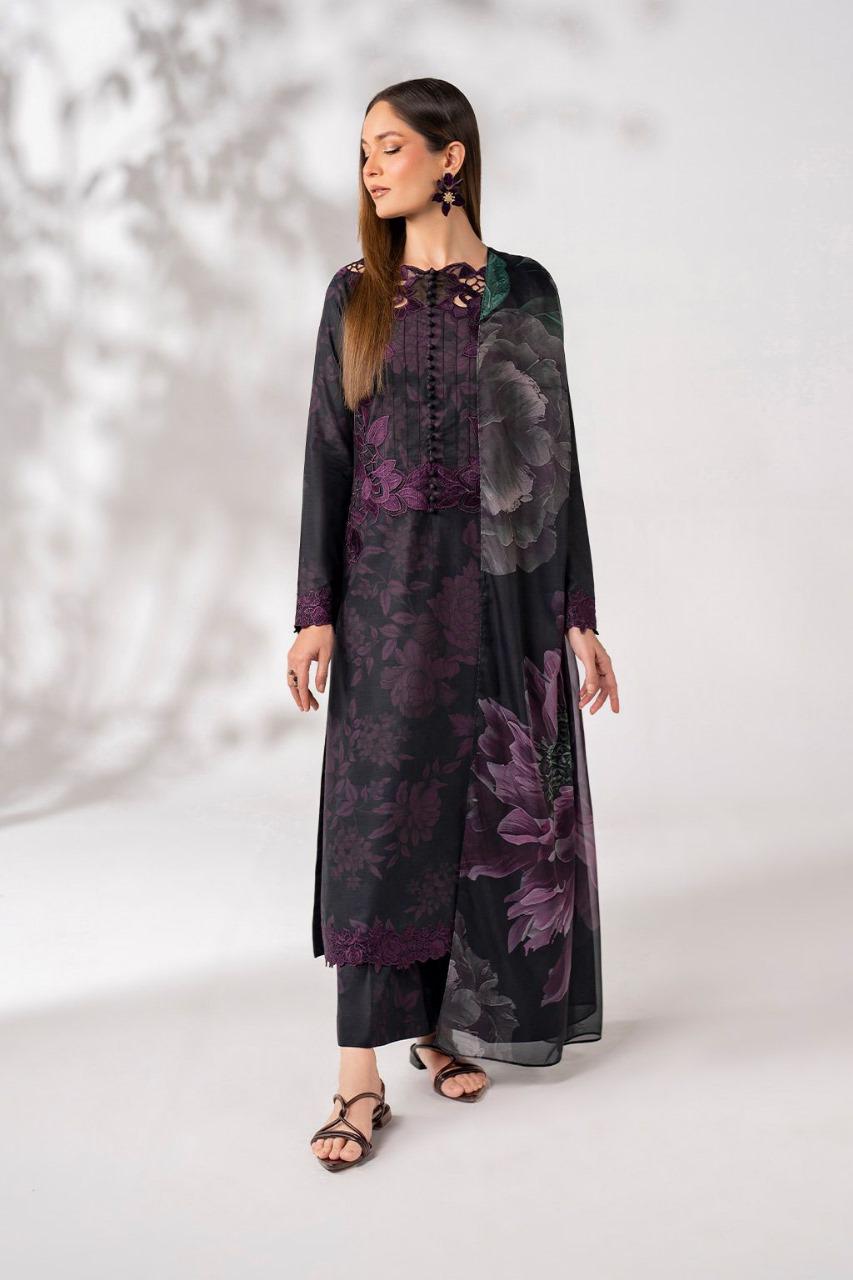 Saroya Luxury Lawn Stitched 3 Piece Suit – Black & Plum Floral Design