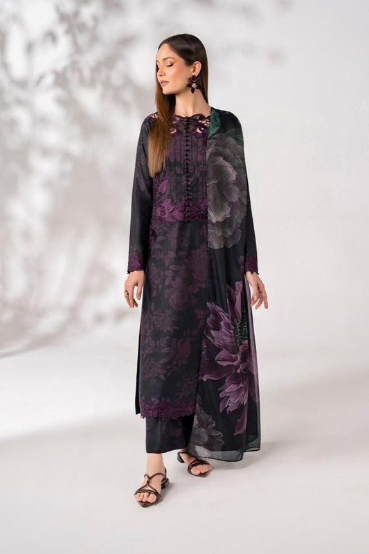 Saroya Luxury Lawn Stitched 3 Piece Suit – Black & Plum Floral Design