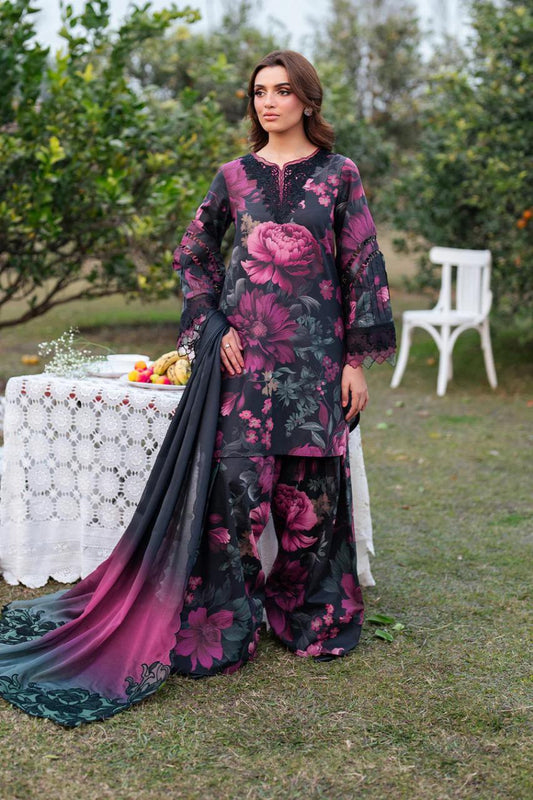 Saroya Luxury Lawn Stitched 3 Piece Suit – Black & Purple Floral Print