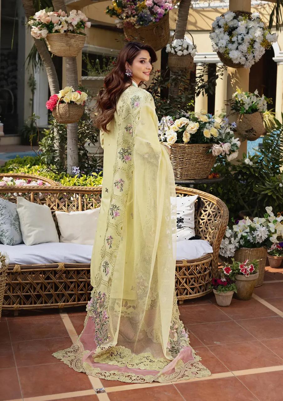 Saroya Luxury Lawn Stitched 3 Piece Suit – Pastel Yellow Floral Design