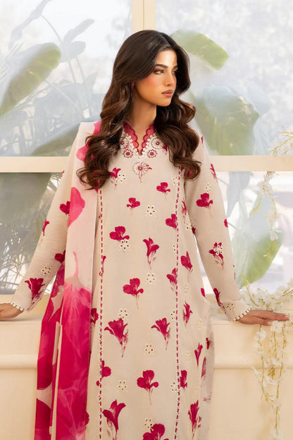 Saroya Luxury Lawn Stitched 3 Piece Suit – Ivory with Pink Floral Design