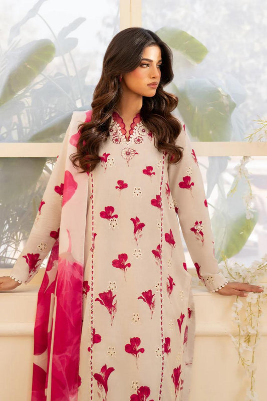 Saroya Luxury Lawn Stitched 3 Piece Suit – Ivory with Pink Floral Design